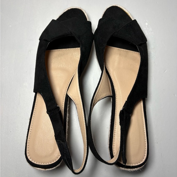 Shoes - Black  Slingback Peep-Toe Wedge